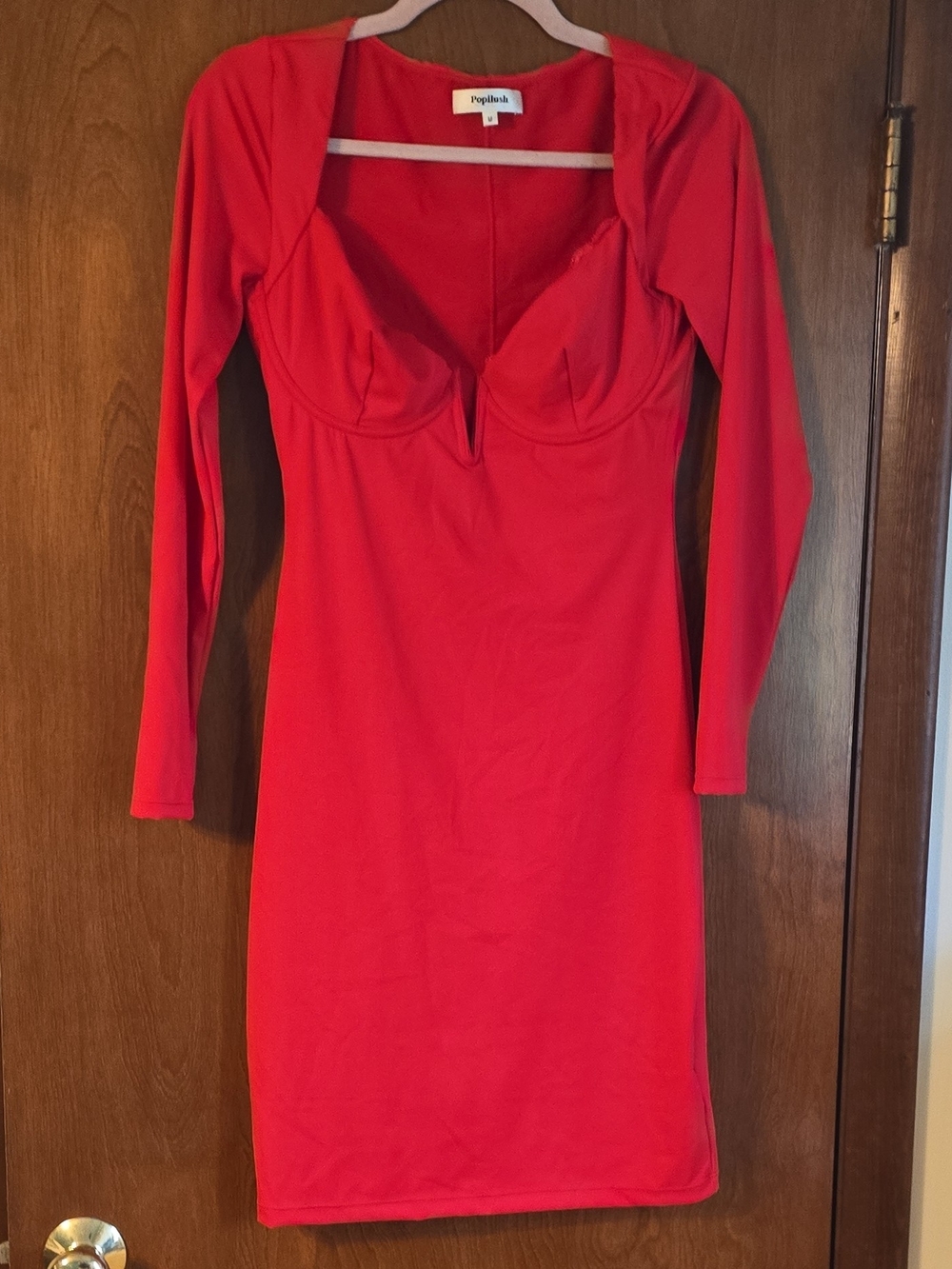Poplush Red Long-Sleeve V-Notch Bodycon Dress